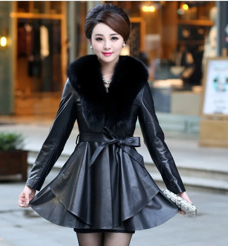 NEW Arrivals Leather Jacket Faux Fox Fur Collar Woman Medium Long Fur Jacket Slim Fit And Cotton Fashion PU Leather Jacket Black Ladies Luxury Fashion Clothing Supplies