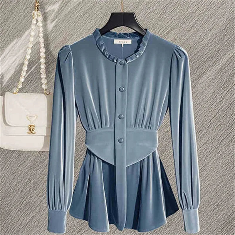 NEW Arrivals M-3XL UK Plus Size Blue/Brown French Light Luxury Blue Velvet Blouse Spring Autumn Winter Ruffle Collar Top Women Design Slim Waist Shirts Office Lady 571P