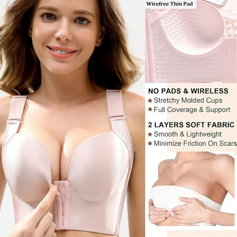 NEW Arrivals Plus Size 38(85)- 50(115) Pink/Black/Gray Colors Deep Cup Front Buckle Closure Bras Women's Hide Back Fat Full Coverage Underwear Wireless Thin Pad Luxury Shapewears