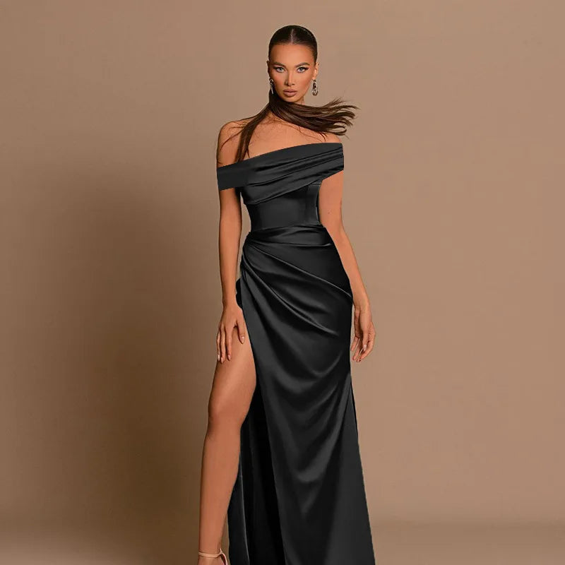 Low-Price Sales are Limited Luxurious Women Girls Autumn Italian Design Satin Ice Silk Elegant Evening Wedding Party Night Clubwear Business Dinner Outfits Sleeveless Backless Side Slit Ruched Maxi Dresses Ladies Luxury Fashi