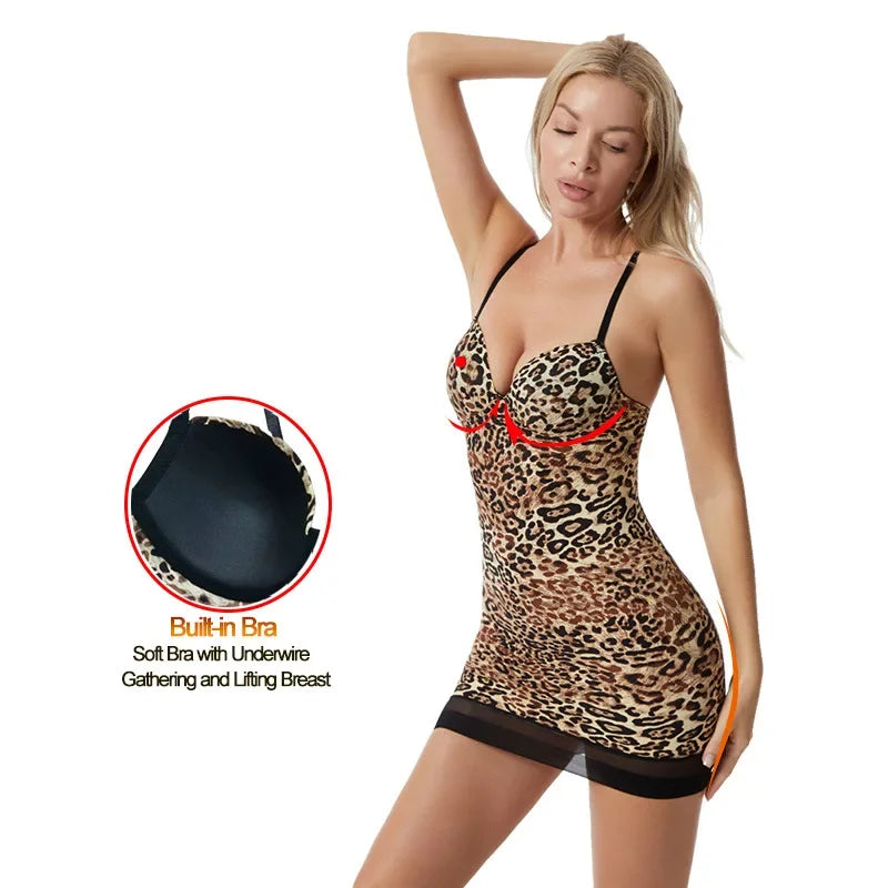 NEW S-2XL Sexy Leopard Shapewear Tank Top Slim Fit Base Layer Skirt Body Shaping Dress Strap Sleepwear Comfortable Underwear Ladies Nightdress