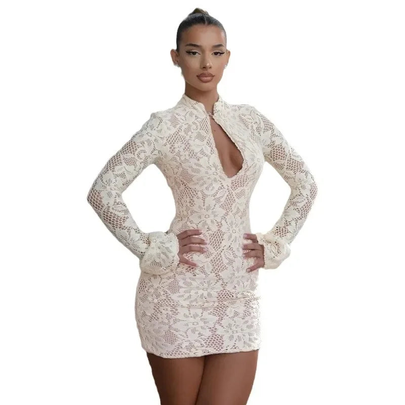 NEW Arrivals Black/Light Yellow Color Sexy Spicy Girl Style Women's Dress Spring Autumn Flare Sleeves Lace Hollow Out Smooth Your Silhouette Ladies Fashion Dress