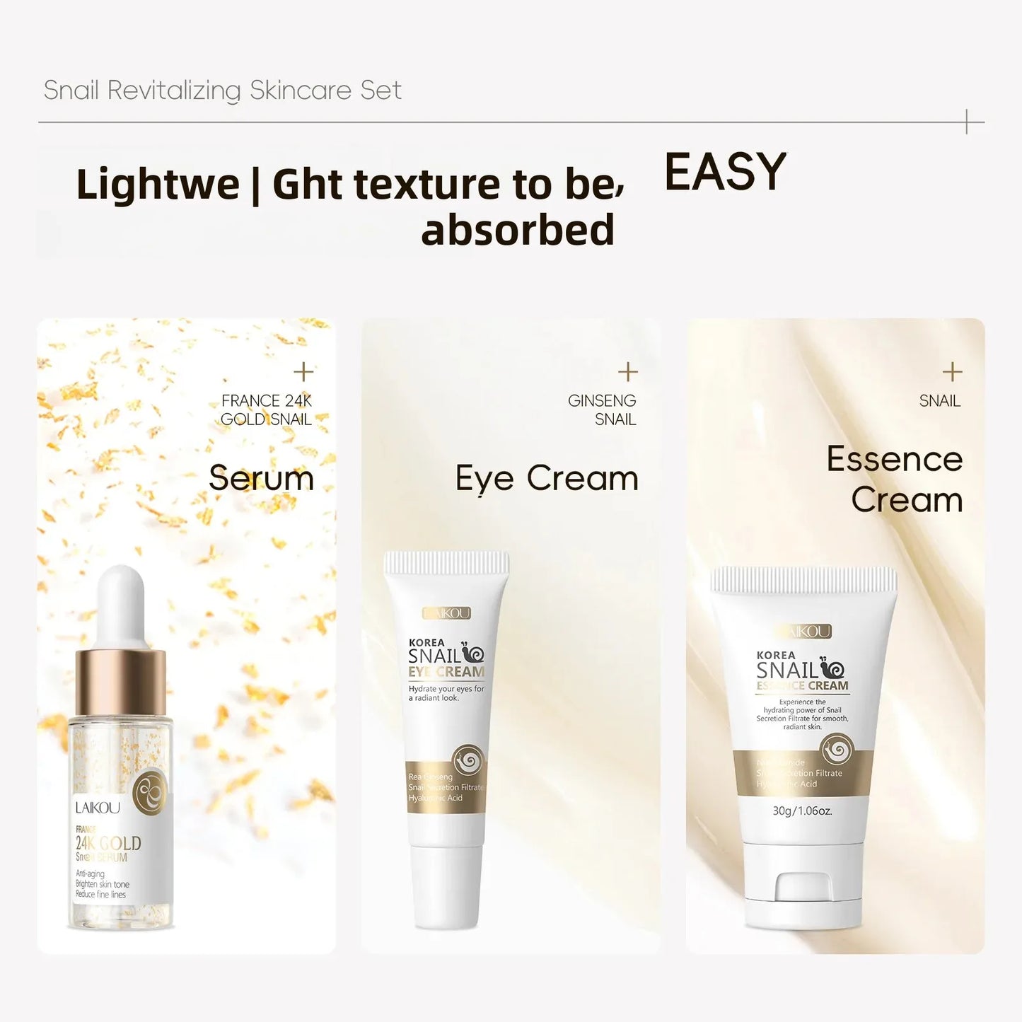 NEW 3PCS Set Korean Snail Luxury 24K Gold Infused Snail Repair Serum Eye Cream Essence Set Moisturizing Smoothing Fine Lines Minimizing Pores Women Beauty Supplies Korean Cosmetic Products