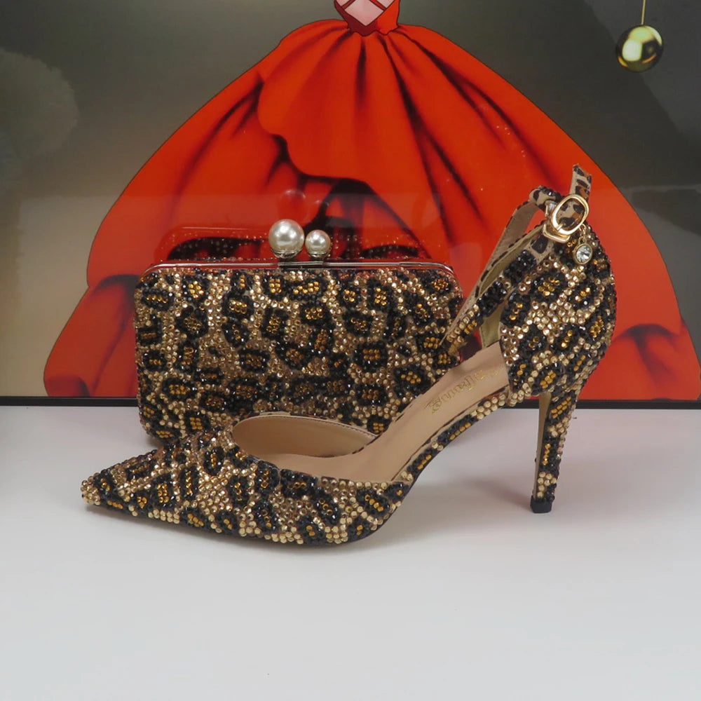 NEW Arrivals Luxury Fashion Pointed Toe Leopard Bridal Shoes Set with Bags Evening Wedding Party Night Business Dinner Summer Sandals Woman Ankle Strap Buckle Shoes Bag Thin High Heels Ladies Luxury Fashion Clothing Supplie