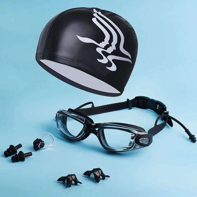 NEW Arrivals 4 PCS Set 3 Colors Professional Waterproof Anti-Fog Silicone Swimming High Definition Goggles Set with Nose Clip Earplugs And PU Cap for Swimming And Diving Sports Supplies
