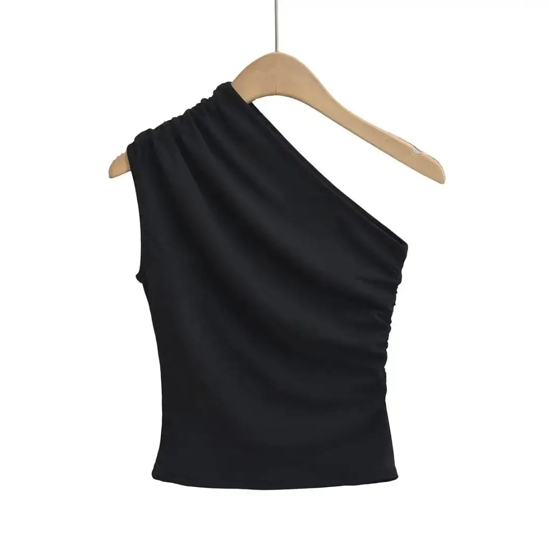 NEW Arrivals S-XL UK Size 4 Colors Women's One Shoulder Tank Top Sexy Hot Sweet Solid All-Match Summer Casual New Trend Folds Elegant Irregular Sleeveless Camisole Tops