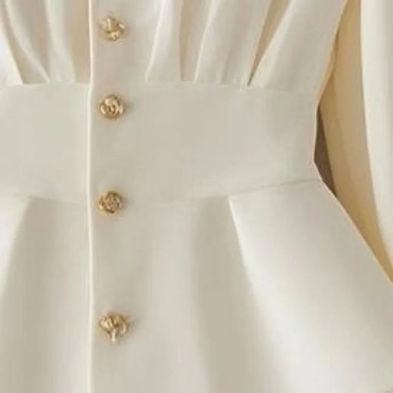 NEW Arrivals S-XL UK Size Luxury French Elegant White Chiffon Blouse Women Pleated Spliced Slim Shirt Design Button Flare Sleeve Top Spring Autumn 050A