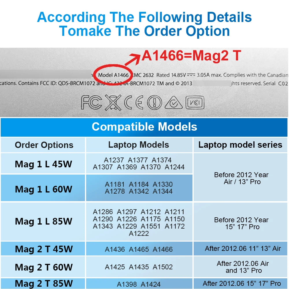 Charger For Mac book Air Pro 45W 60W 85W New A1466 A1278 A1502 A1398 A1286 A1465 Power Adapter Mag* 2 1 Magnetic Power Adapter