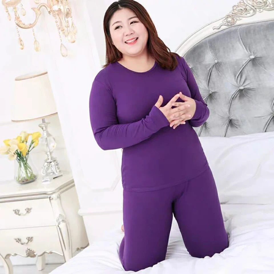 XL-6XL Plus Size Thermal Set Curvy Women Long Johns Set Solid Warm Thermal Underwear Thermal Long Sleeve Pants Pajamas Set Winter Home Clothes