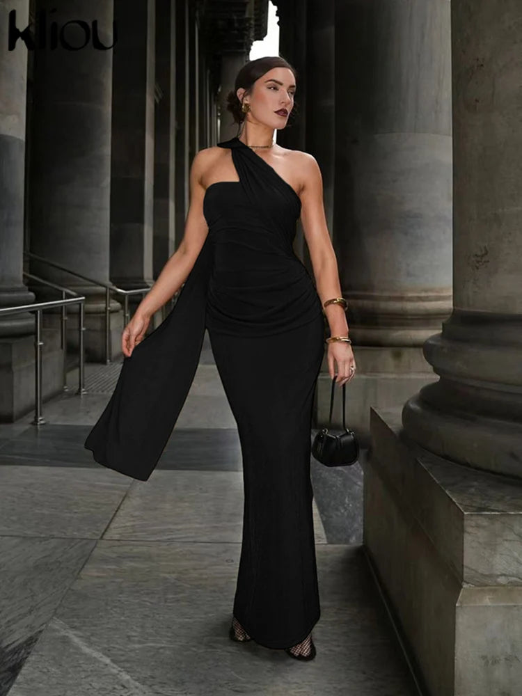 NEW Arrivals Luxury Slash Neck Ribbons Women Girls Dress Hipster Elegant Incline Shoulder Pleated Sleeveless Slim Long Robe High Street Frock Evening Wedding Birthday Party Business Dinner Night Clubwear Female Ladies Luxury