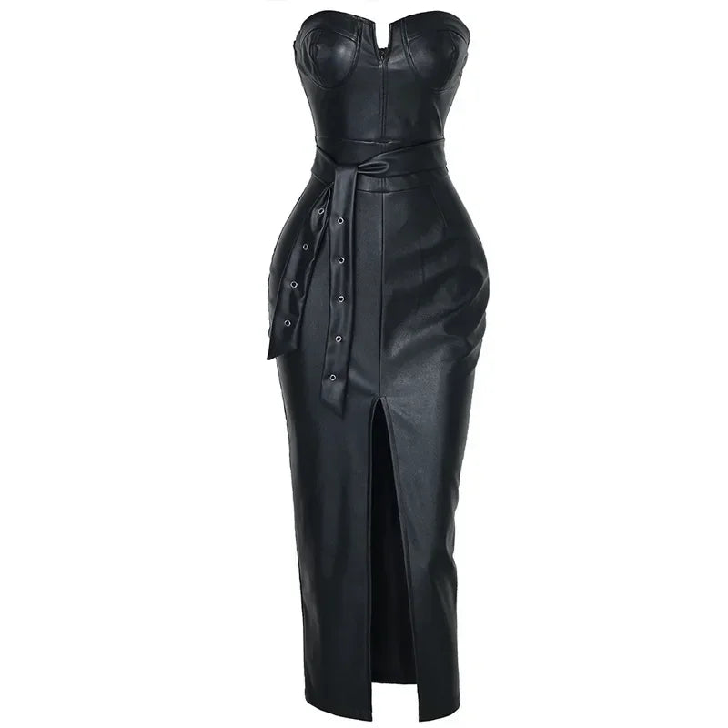 NEW Arrivals S-3XL Plus Size Slash Neck Leather Dresses for Chubby Women Night Club Sleeveless Pullover Elegant PU Leather Evening Party Dress High Waist Sheath Belt Vestido