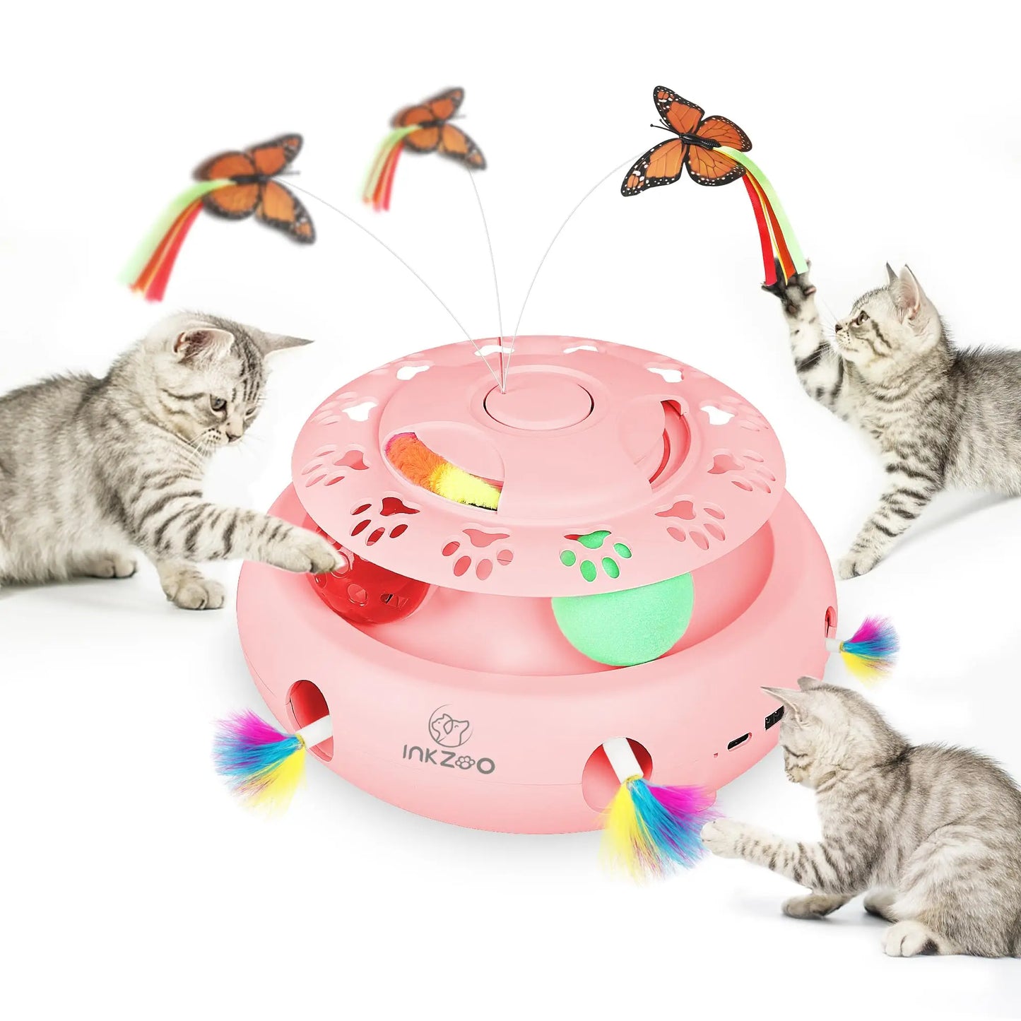 NEW Arrivals 4-in-1 Set Interactive Cat Toys for Indoor Cats, Automatic 6 Holes Mice Whack-A-Mole, Fluttering Butterfly, Track Balls, USB Rechargeable Pets Interactive Toys Accessories Training Games Supplies