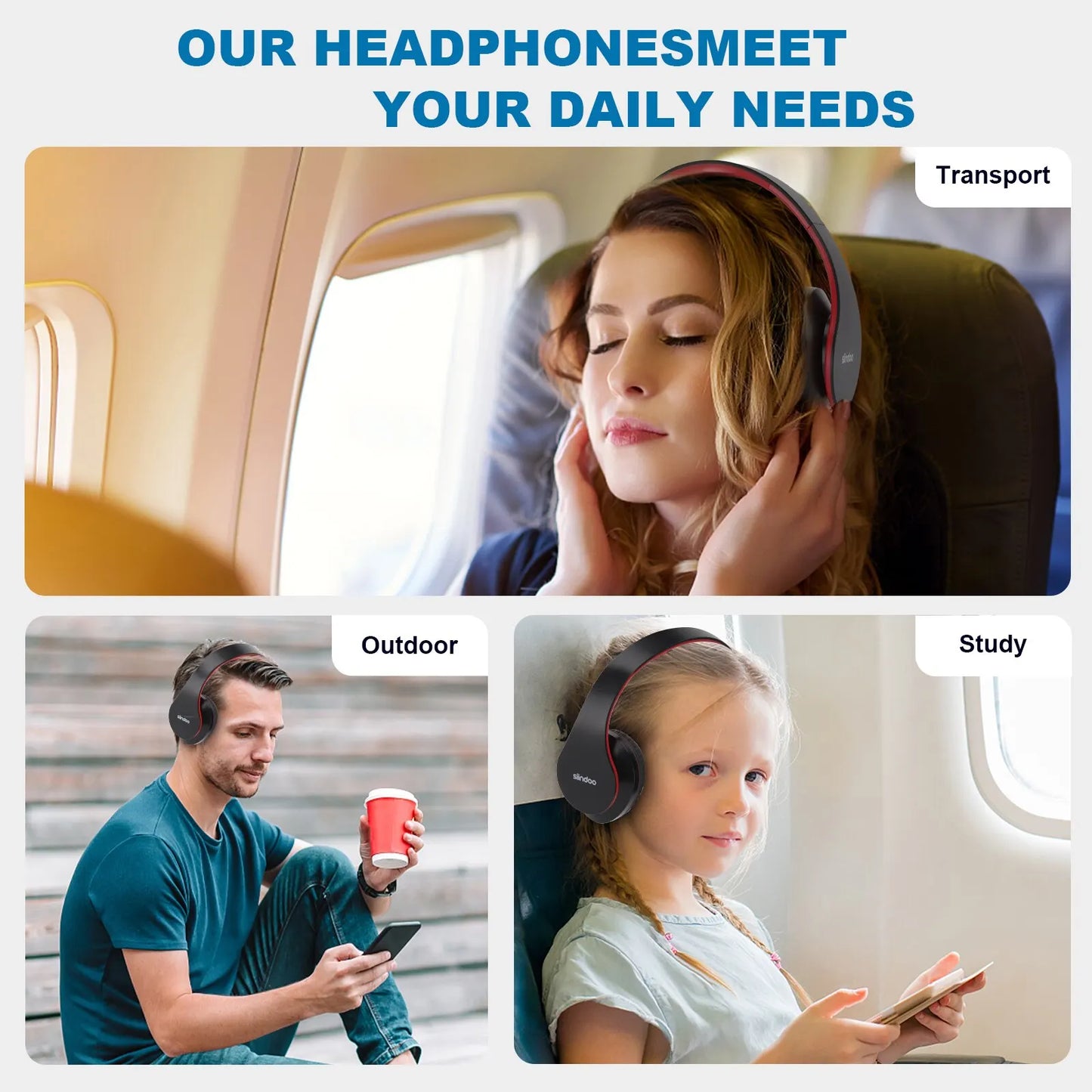 Wireless Headphone Foldable Stereo BT5.1 Earphones Music Headset FM and Support SD Card with Mic for Mobile PC TV