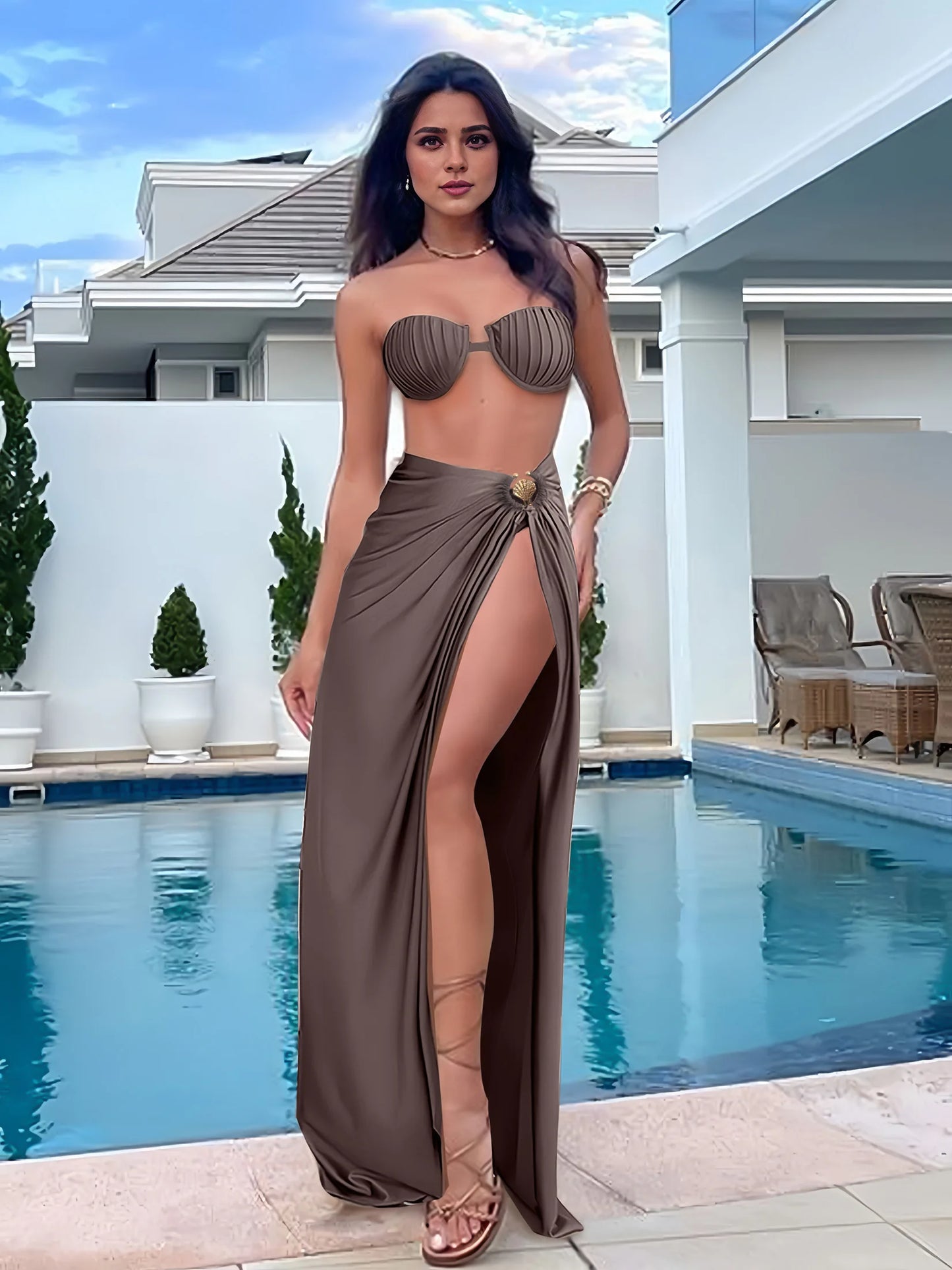 BRAND NEW 3 PCS Set UK Size Luxury Italian Design Bikini Sexy Shell Swimsuit and O-Ring Long Skirt Brazilian Tangas G-String Bikini Cover Ups Maxi Skirt High Split Beachwear Outfit K131