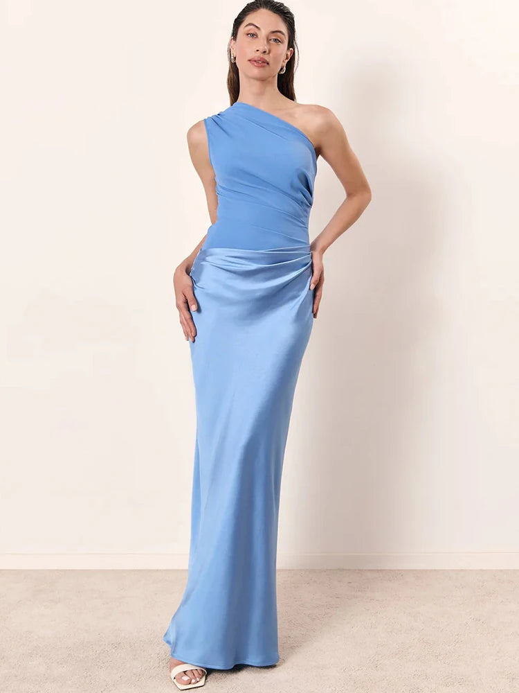 NEW Arrivals 4 Colors Patchwork Backless Satin Sexy One Shoulder Women Maxi Dress Sleeveless Evening Dress Summer Slim Elegant Party Clubwear