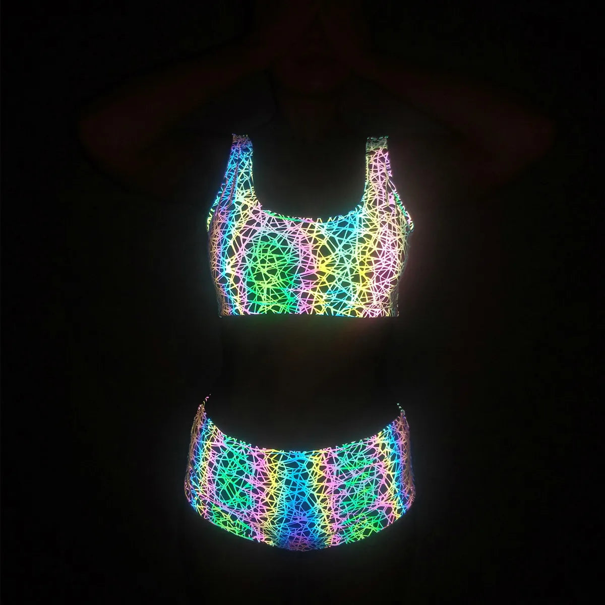 NEW Arrivals PCS Set S-2XL Harajuku Japanese Colorful Reflective Bikinis Women Summer Tech Wear Reflect Light Shorts & Bra Harajuku Swimwear Sexy Tankini Beach Outfits Clothing
