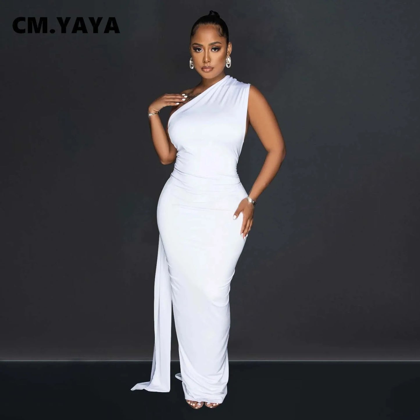 NEW S-2XL 4 Colors Women One Shoulder Sleeveless Roll Splicing Ruched Backless Maxi Dress Vestidos Sexy Clubwear Party Evening Dresses