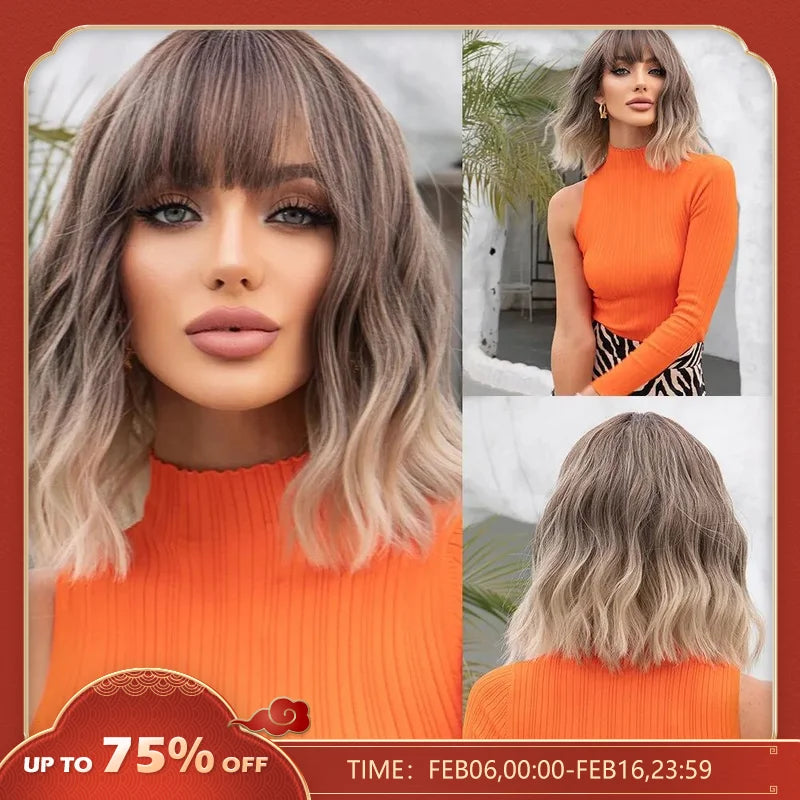 Women Grey Wavy Bob Wigs with Bangs Short Blonde Ombre Synthetic Wig With with Dark Roots Natural Hair for Daily Use