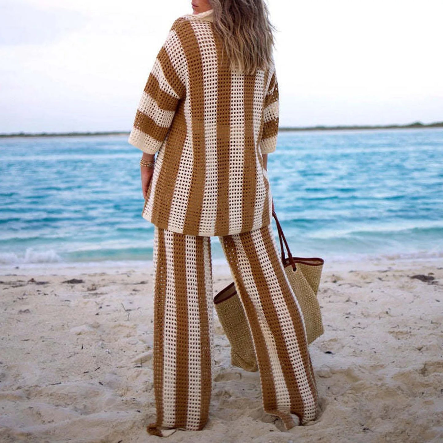 NEW Arrivals 2PCS Set UK Big Size Rose Red/Brown/Dark Blue Summer Beach Casual Women Suit Sexy Spring Summer Hollow Out V-Neck Half Sleeves Wide Leg Pants Sets Stripe Shirts Pant Sets