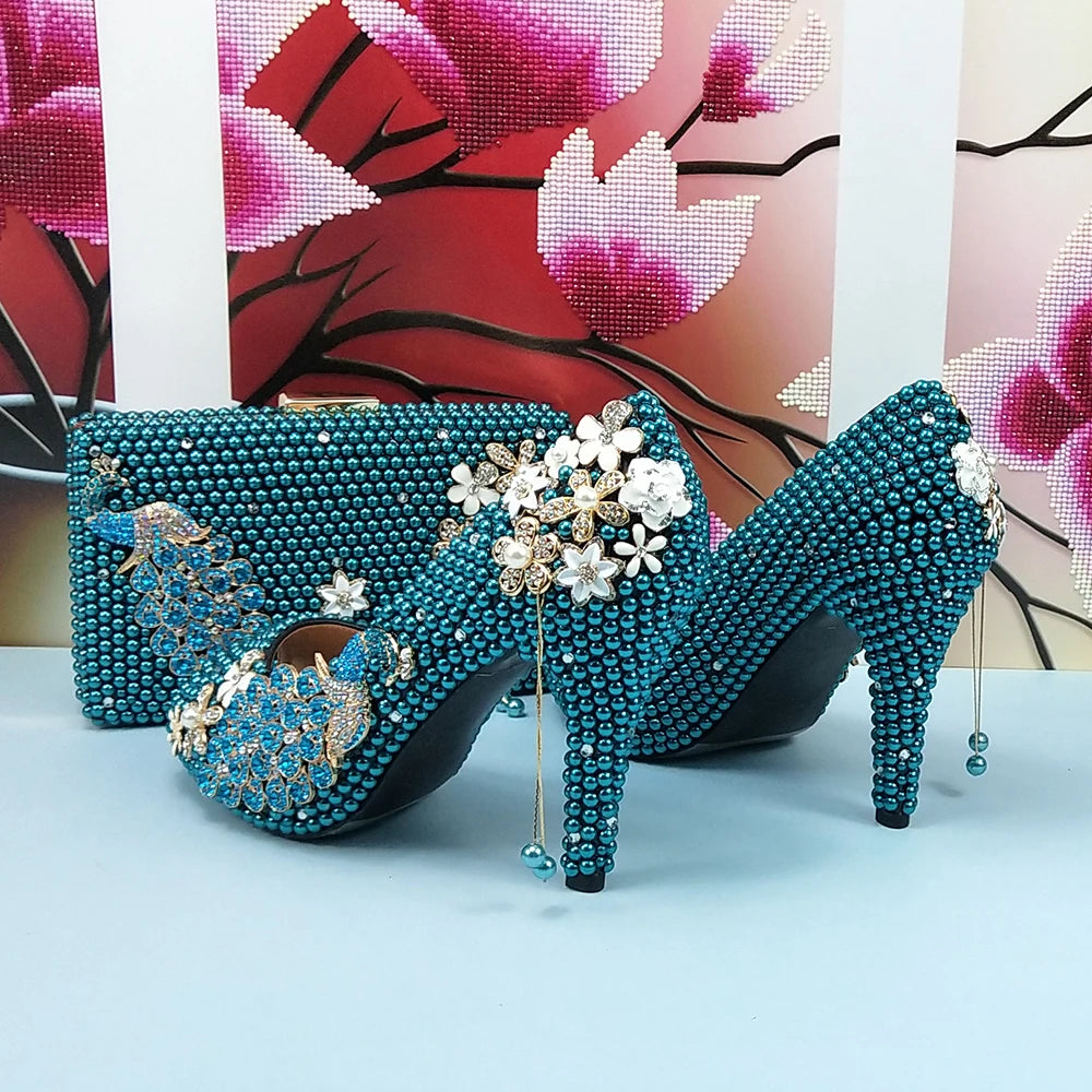 Low-Price Sales are Limited NEW Teal Luxury Blue Pearl Wedding Shoes Set with Matching Bags Bride High Heels Platform Shoes Open Toe Green Blue Evening Party Night Business Dinner Shoes Ladies Luxury Fashion Clothing Supplies
