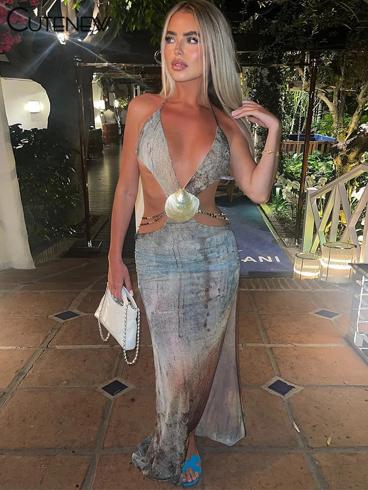 NEW Arrivals Vintage Sexy Long Dress Women Female Halter Bandage V-Neck Backless Split Shirring Hot Summer Midnight Beach Party Night Clubwear Outfits Girls Ladies Luxury Fashion Clothing Supplies