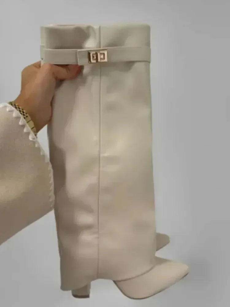 NEW Arrivals UK Big Size 6 Colors Autumn and Winter New Pointed Metal Buckle Knee High Women's Boots, Thick High-Heeled Pants Boots, Fashionable Mid Leg Boots