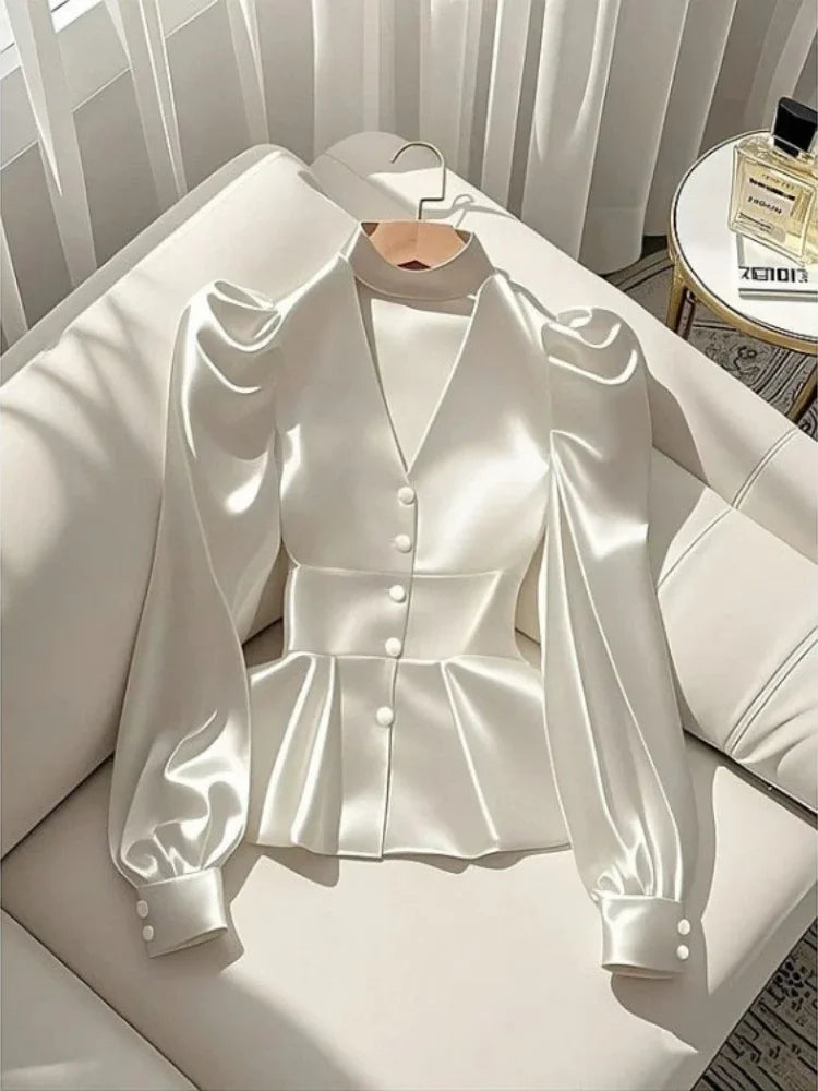 NEW Arrivals S-3XL UK Size Luxury Elegant Italian Fashion White Satin Shirts Women 2025 Early Spring New Y2K E-Girl Slim Waist Long Sleeve Blouses Shirts Ladies Luxury Fashion Apparel Accessories