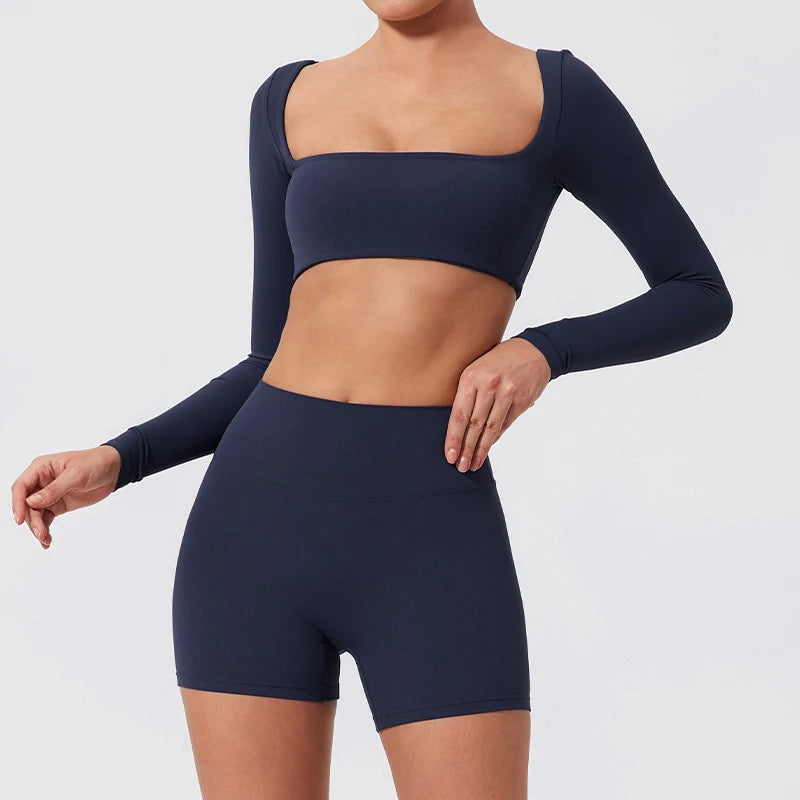 NEW Arrivals S-XL 7 Colors Quick Dry Square Neck Activewear Women Gym Top Women Fitness Sports Crop Top Female Casual Long Sleeve Yoga Clothes