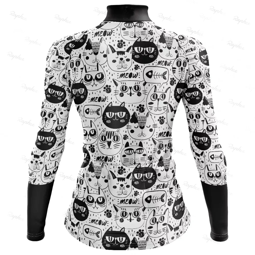 NEW Arrivals S-3XL Plus Size Long-Sleeved Road Bike Cat Pattern Cycling Jersey + Leggings Summer Quick-Drying Breathable Slim Cycling Long-Sleeved Cycling Jersey Women Sports Apparel Supplies