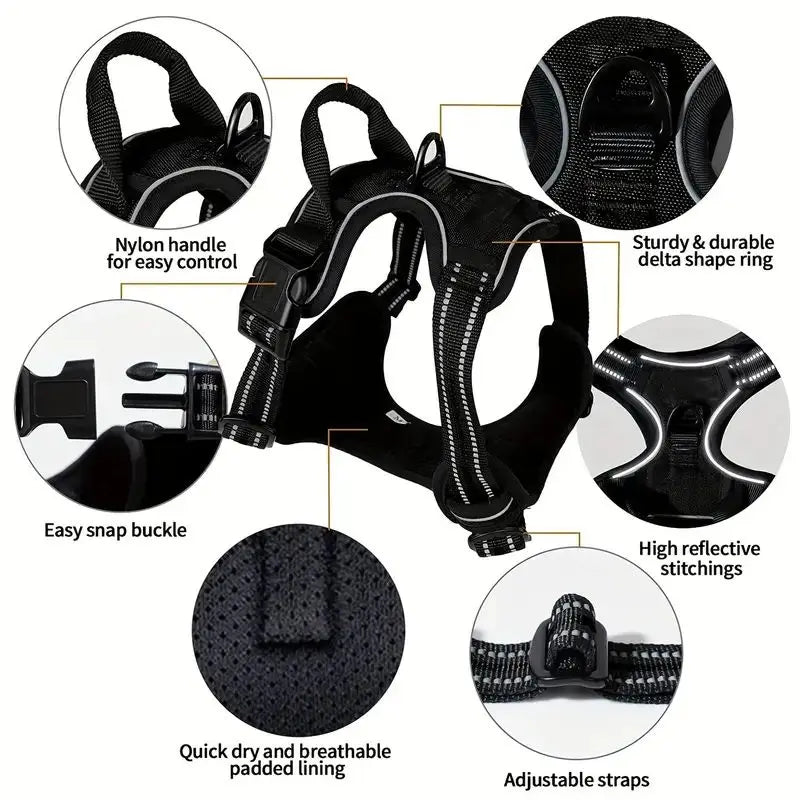 NEW 2PCS Set Service Dog Leash + Harness Front Clip Heavy Duty Reflective Easy Control Handle for Large Dog Walking Easy to Control for Small Medium