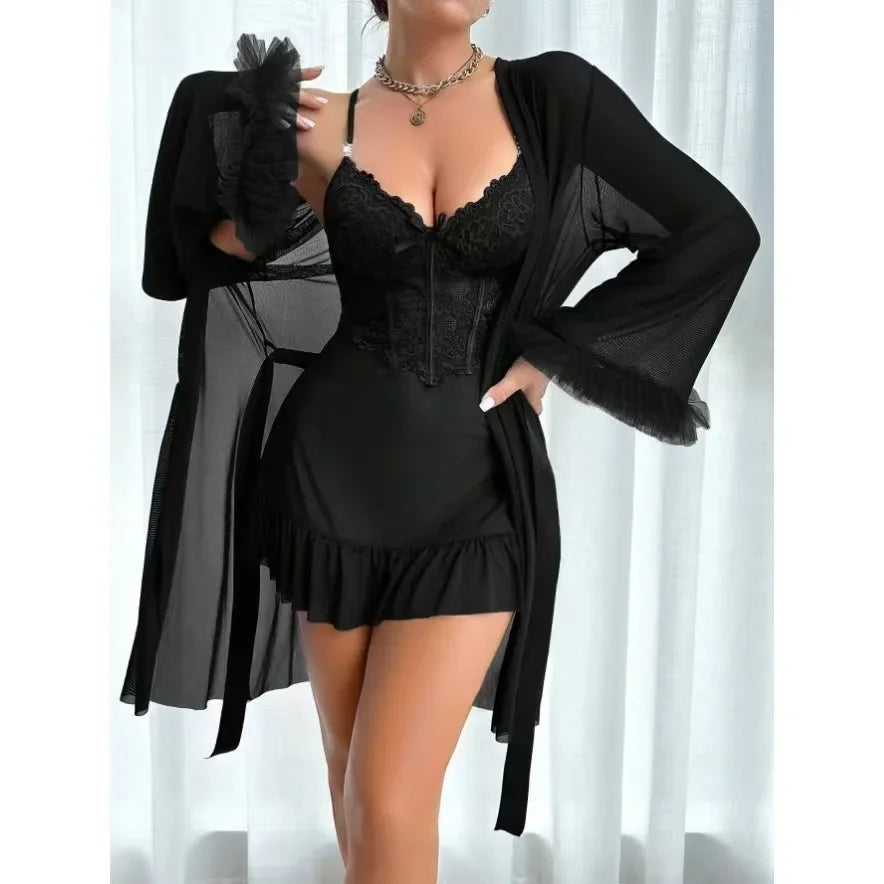 New Arrivals 2PCS Set 4 Colors Sexy Lace Mesh See-Through Nightgown Set Home Clothes Pure Desire Passionate Hot Invitation Home Clothes Set Ladies Sexy Nightdress Suit