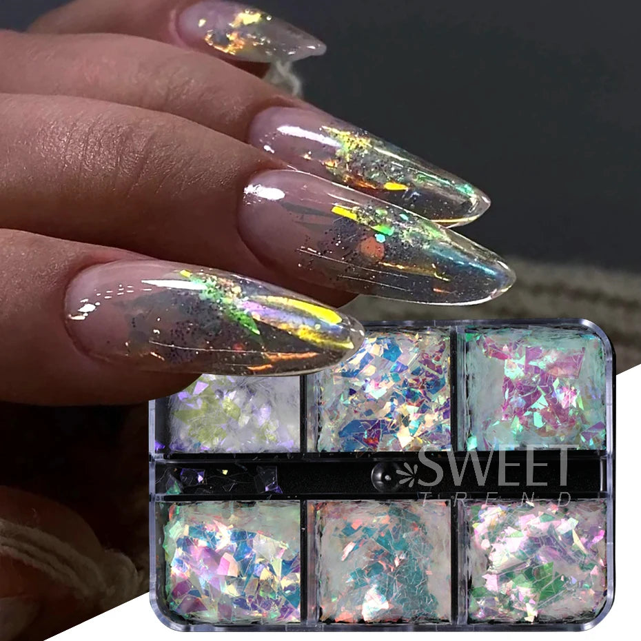 6 Grids AB Iridescent Nail Glitter Flakes Irregular Aurora Sparkle Sequin Crystal Glass Fairy Paillette DIY Manicure Decor Slice