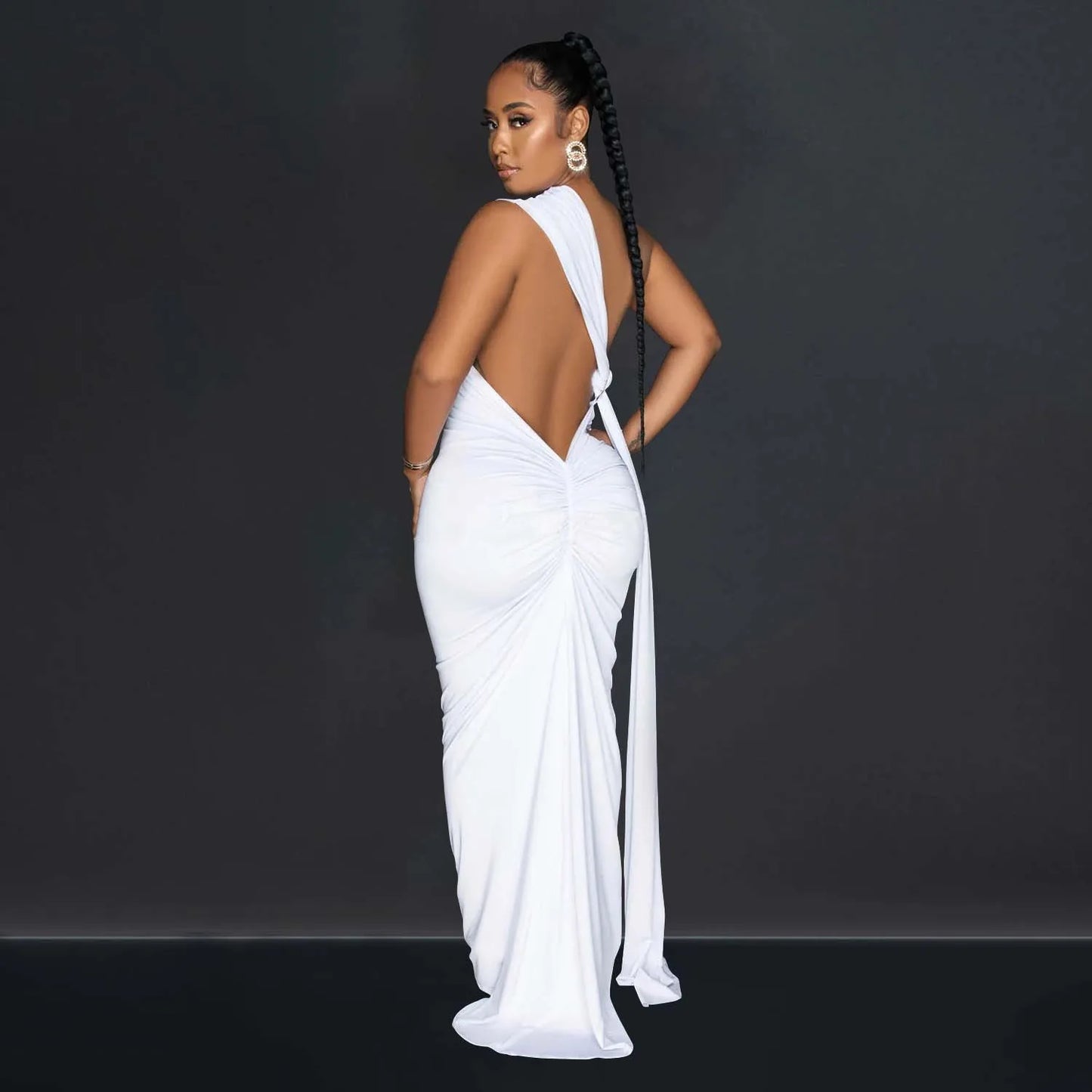 NEW S-2XL 4 Colors Women One Shoulder Sleeveless Roll Splicing Ruched Backless Maxi Dress Vestidos Sexy Clubwear Party Evening Dresses