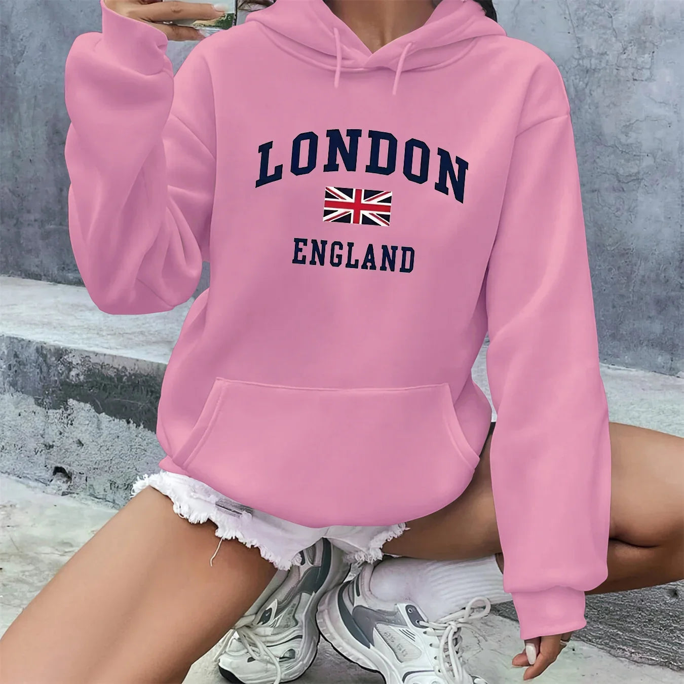 NEW Arrivals S-3XL UK Plus Size 6 Colors Women's Autumn and Winter Casual Fashion Loose London England Hooded Drawstring Long Sleeved Warm Pullover Girls Streetwear Sports Clothing
