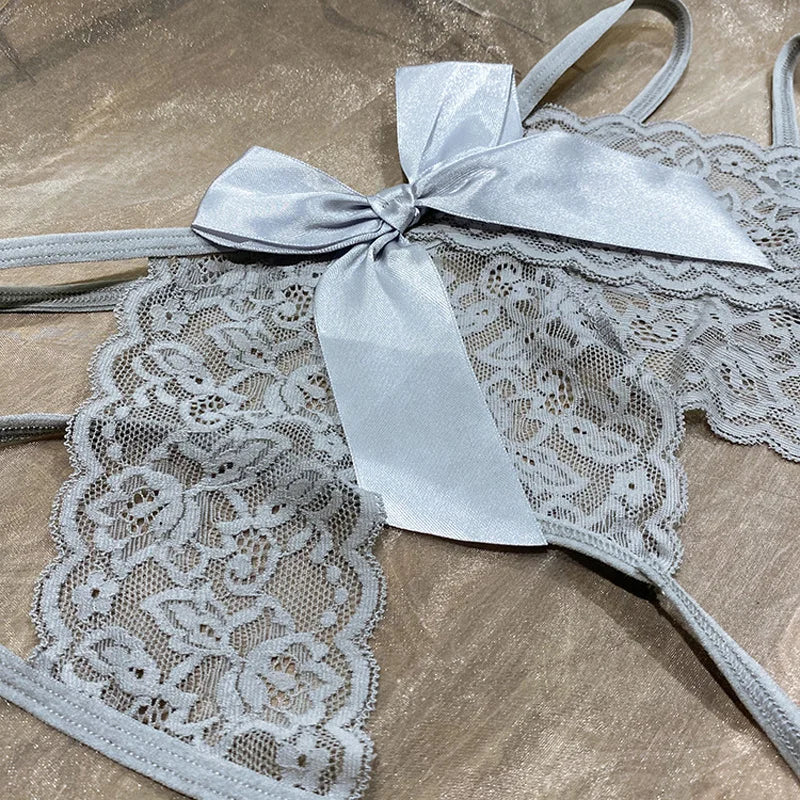 Hot Sale Women's Sexy Hollow Out Thong Lingerie Open Crotch Underwear Lady's Crotchless Lace Panties With Bow Plus Size M - XXL