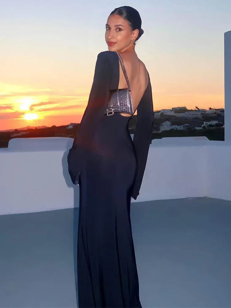 NEW Arrivals Sexy Transparent Black/White Backless See-through Long Dress Women's Summer Slim High Waist Spliced Long Sleeve Solid Color Evening Nightclub Beach Party Ladies Long Dress