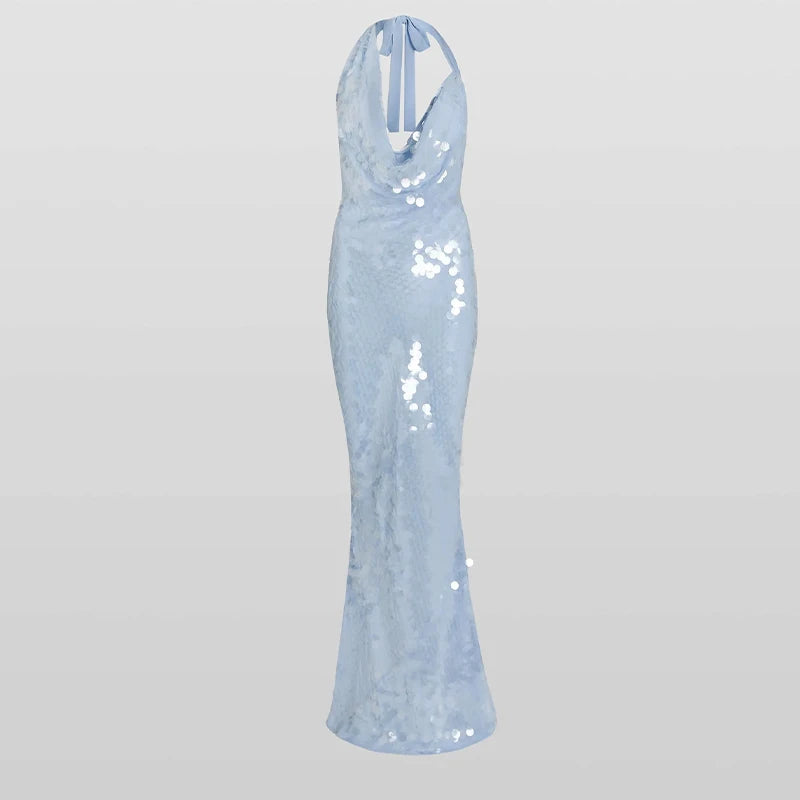 NEW Arrivals UK Size Beaded Sequins Backless Luxury Long Dresses Women Sexy Lace Up Slim Halter Evening Beach Party Night Club Glitter Dress Lady Elegant Summer Shinny Gown