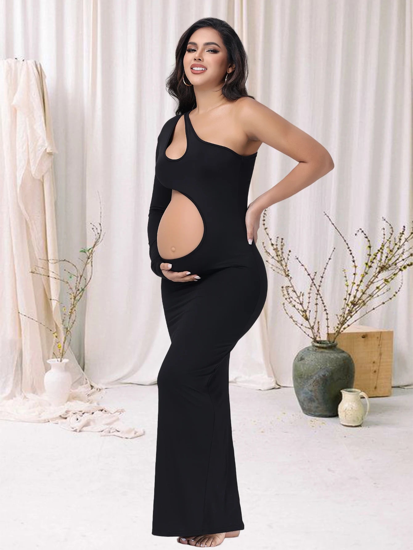 NEW Arrivals S-XL Size Maternity One Shoulder Long Sleeves Belly-Revealing Maxi Dress Baby Shower Gown For Photoshoot