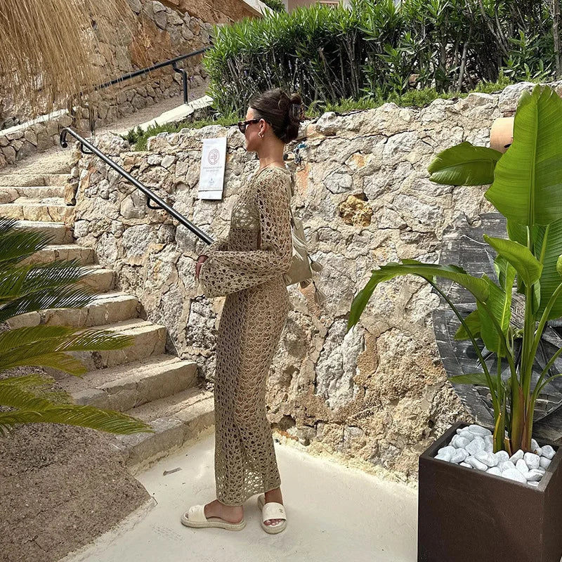 NEW Arrivals Black/White/Khaki Color Sexy Round Collar Long Sleeve Wrap Dress Knitting Hollow Out Beachwear Cover Up Summer Holiday Beach Elegant Long Dress