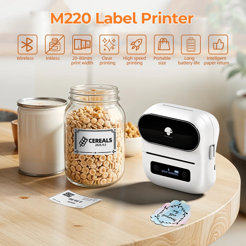 NEW Arrivals Original PHOMEMO M220 Label Printer 75mm Thermal Label Maker for Barcode Address Labeling Mailing File Folder Labels for Phone & PC Home Office Business