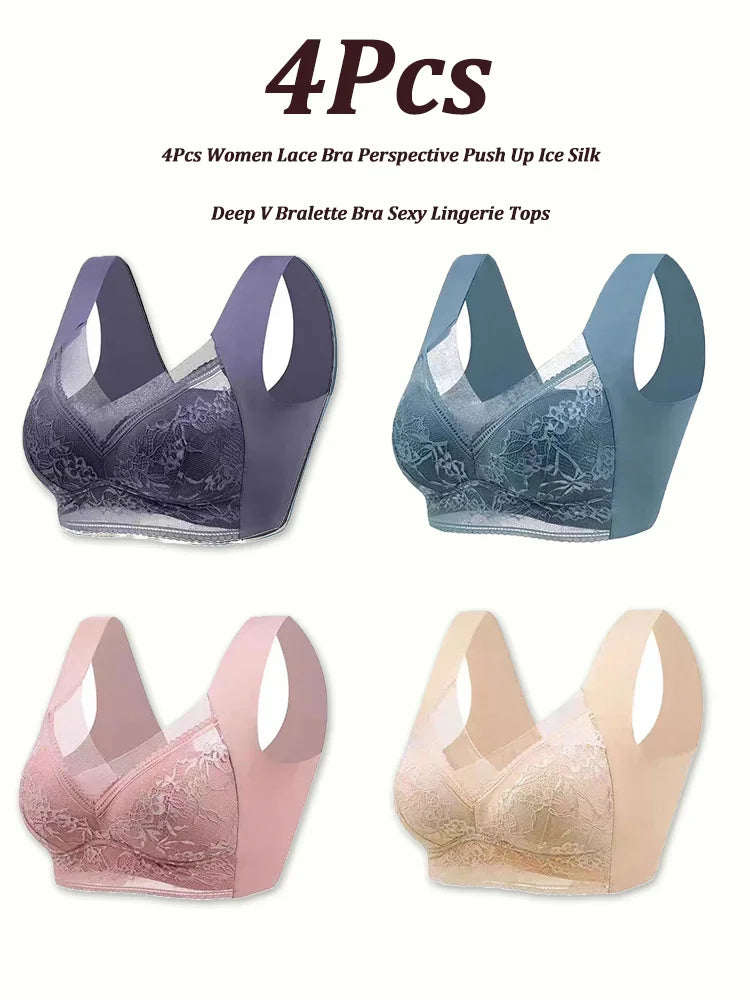 NEW Arrivals 4PCS Set L(45-50KG) -5XL(100KG) Set Women Lace Bra Perspective Push Up Ice Silk Deep V Bralette Bra Sexy Lingerie Tops Plus Size Cup Mom's Underwear