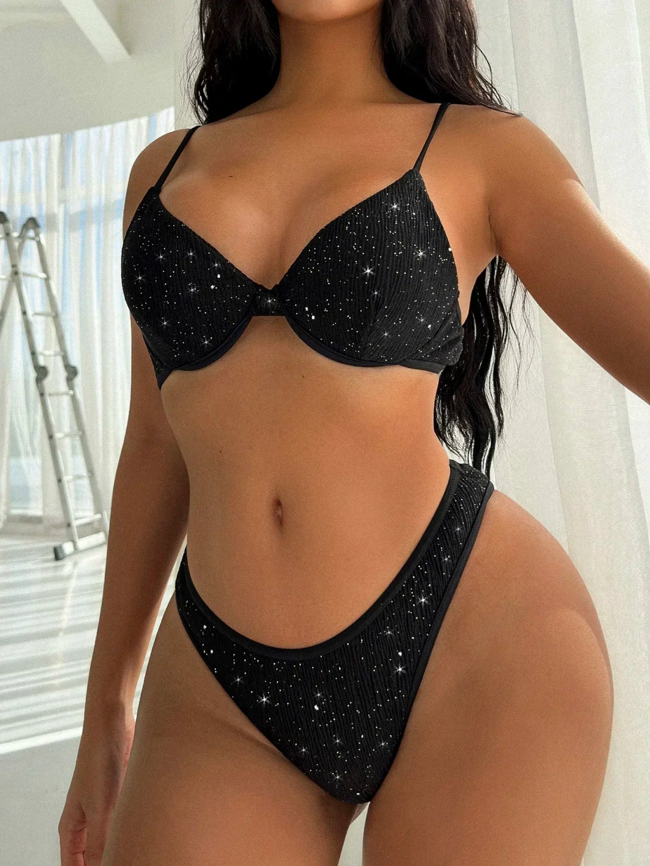 Swimsuit Women Black Shiny Bikini Sexy High Waist 2 Piece Swimwear Steel Support Female V-neck Beach Bathing Suit YX1378X