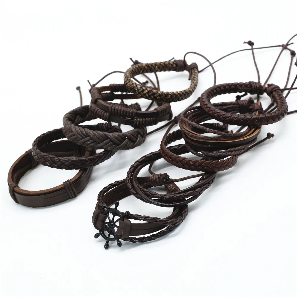 Trendy 10 Pcs/Set Rudder Charm Leather Women Men Bracelets Bangles Wrap Wrist Strap Weave Braided Homme Jewellery
