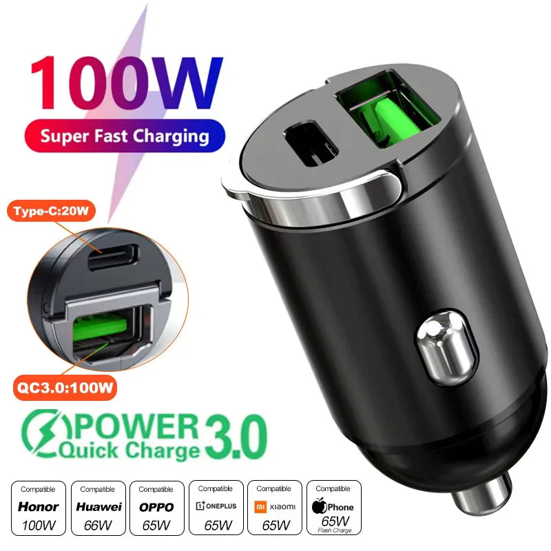 NEW 200W QC3.0 PD Mini Car Charger 12-24V Lighter Fast Charging Car USB Type C Charger for Xiaomi Samsung Huawei iPhone Power