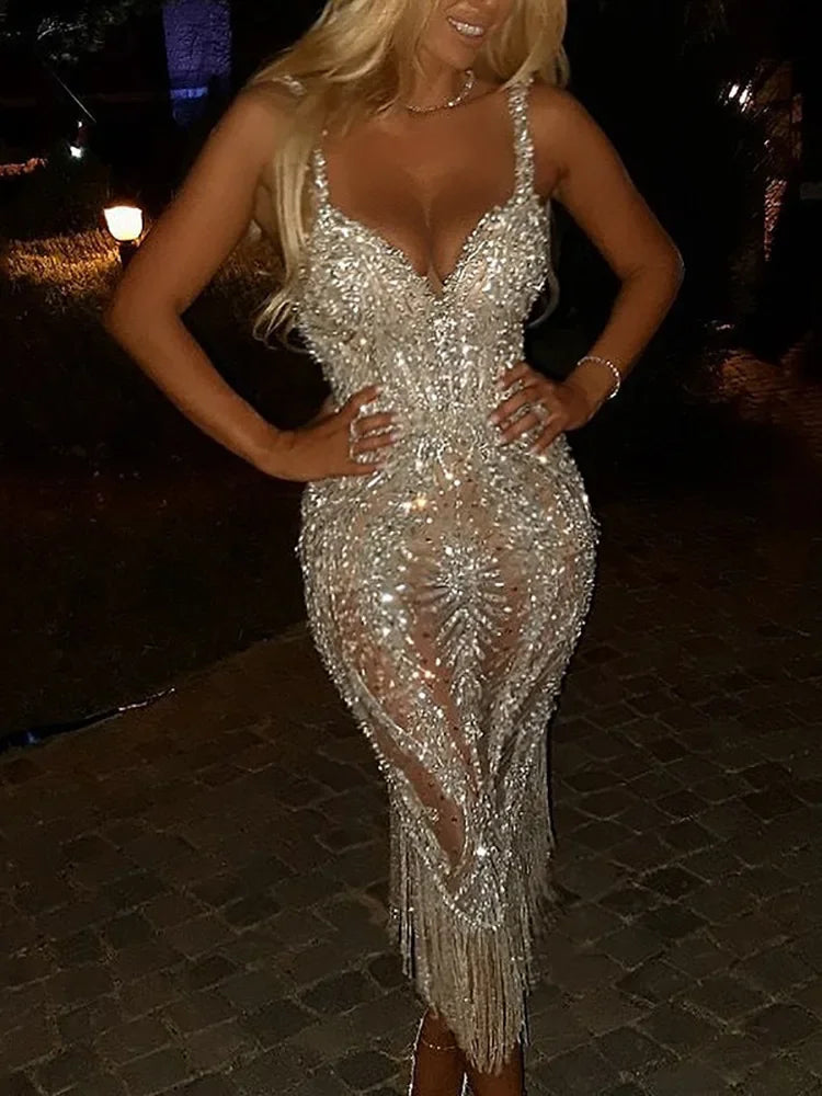 NEW Arrivals Silver/Gold Color Deep V Strapless Tight Sequin Women's Clothing European American Foreign Trade Long Sleeve Sequins Maxi Dress Evening Party Wedding Guest Celebrities Luxury Dress