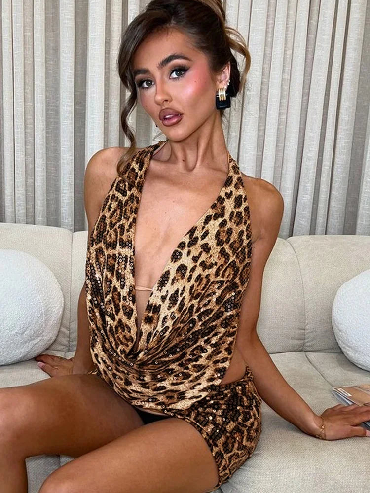 NEW Arrivals 2PCS Set UK Size Sexy Hot Girls Glitter Leopard Draped Sequins Crop Top And Skirt Set Dress Glitter Sequin Festival Outfits Ladies Spring Summer Evening Beach Party Night Clubwear