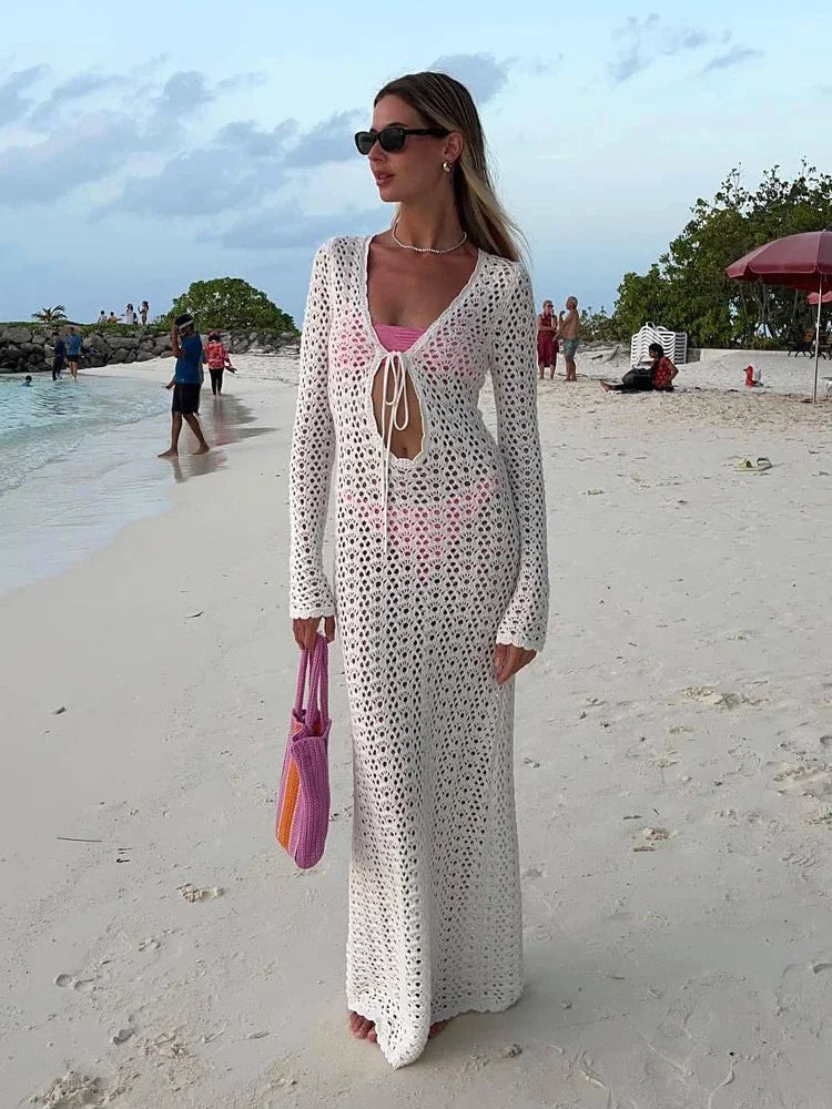 NEW Handmade Sexy Cut Out Beachwear Swimsuit Cover Up Women Summer Autumn Boho White Knit Long Sleeve V Neck Tie Beach Maxi Dress A2970