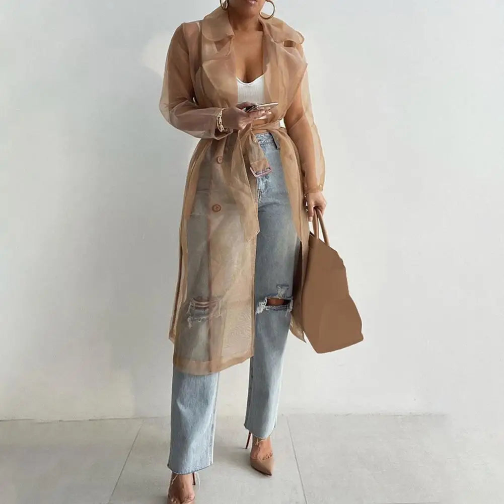 NEW Arrivals Black/White/Coffee Spring Italian Fashion Women Mesh Jacket Puff Sleeve Sunscreen Shirt Net Yarn See Through Spring Summer Lace-Up Long Shirt Thin Coat