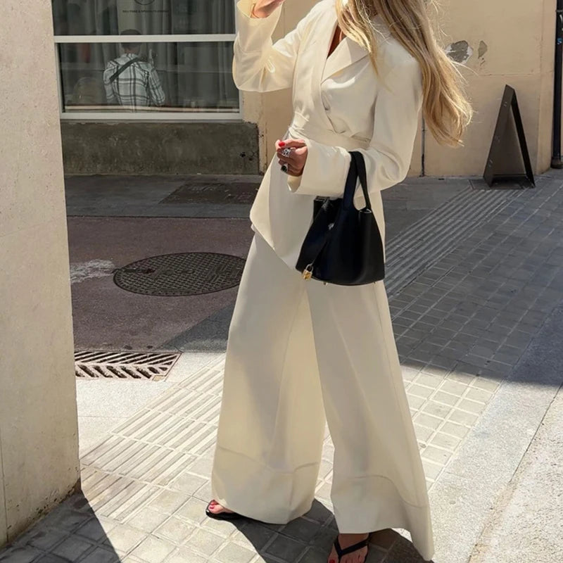 NEW 2PCS Set S-XL UK Size Elegant Beige Satin Trousers Business Office Lady Formal Outfit Spring Women V-Neck Long Sleeved Lace Up Top +High Waist Loose Wide Leg Pants Female Ladies Luxury Fashion Clothing Supplies