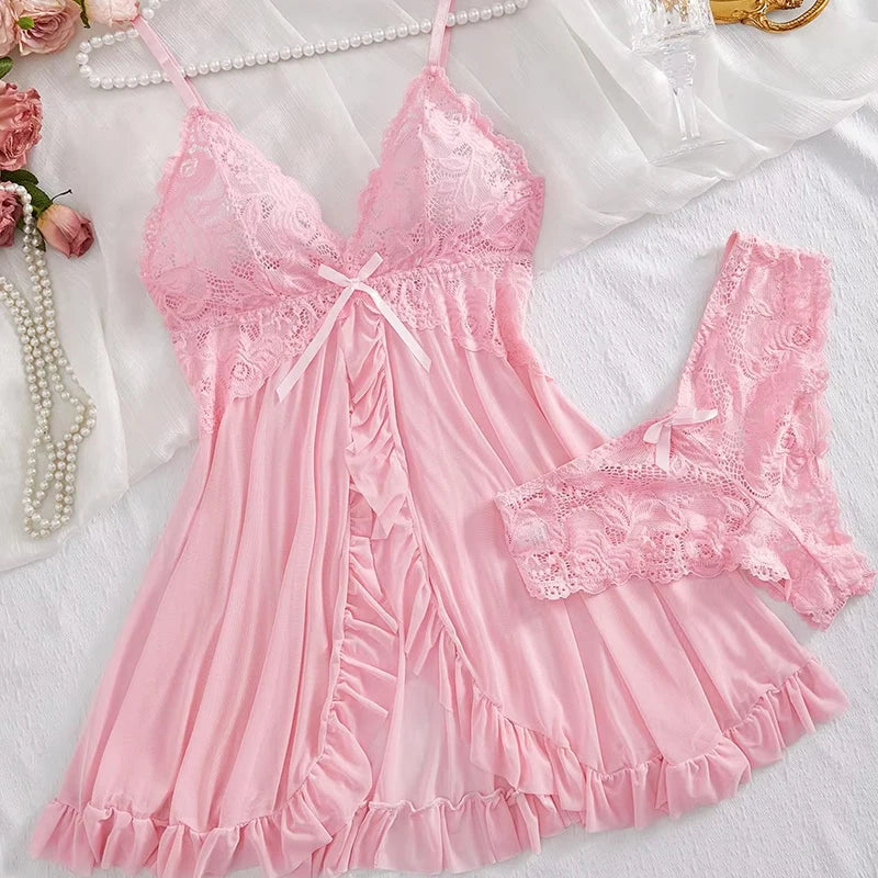 NEW Arrivals 2PCS Set Black/ Pink/Wine Red Color Transparent Sexy Lingerie Women Panties See Through Sleepwear Lace V Neck Nightdress And Thong Sets Female Underwear Briefs Set